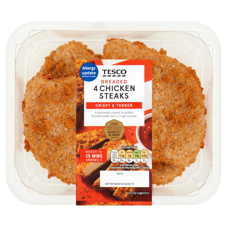 Tesco Breaded Chicken Steaks 4 Pack 505g