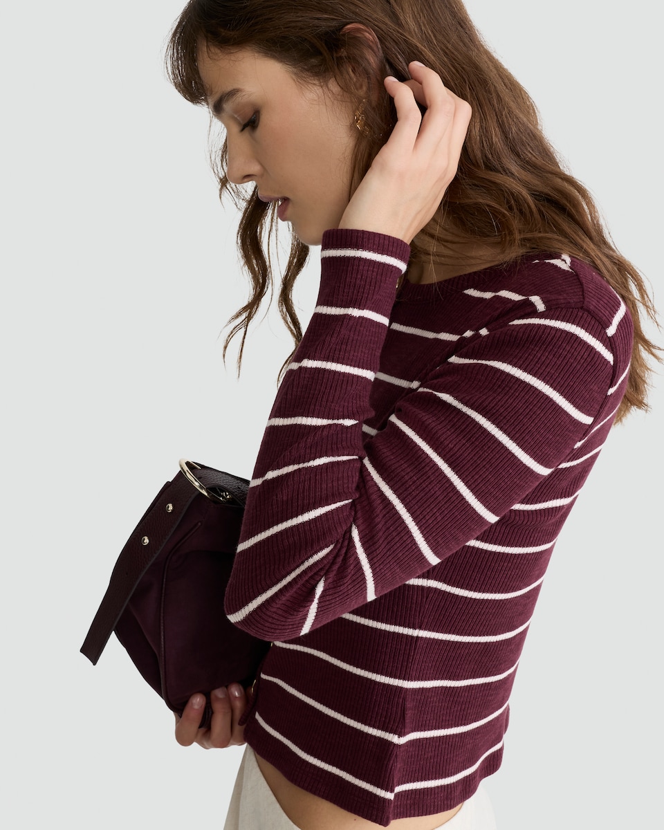 image 1 of F&F Cotton Blend Ribbed Stripe Print Button Through Top in Burgundy