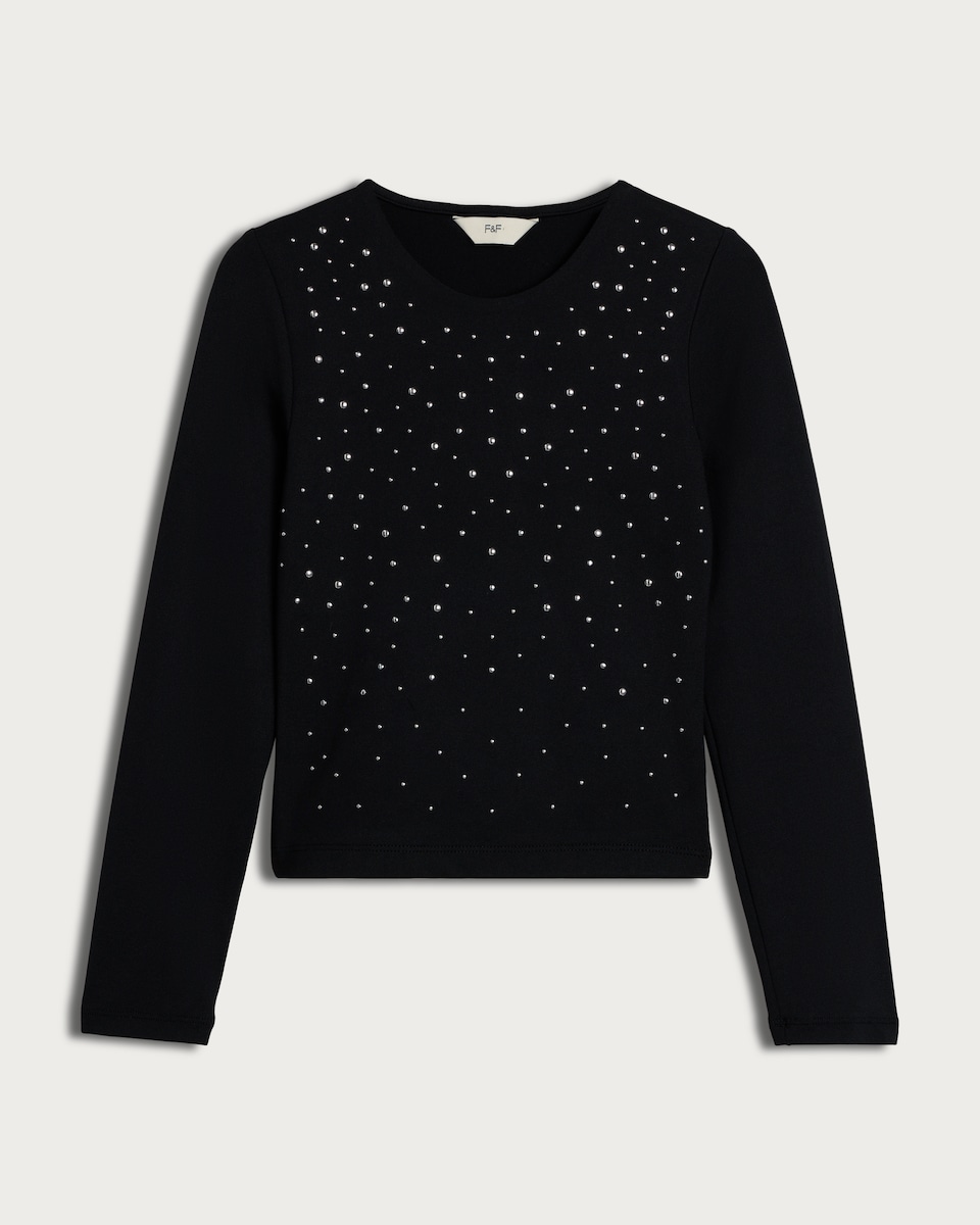 image 1 of F&F Girls Embellished Long Sleeve Top in Black