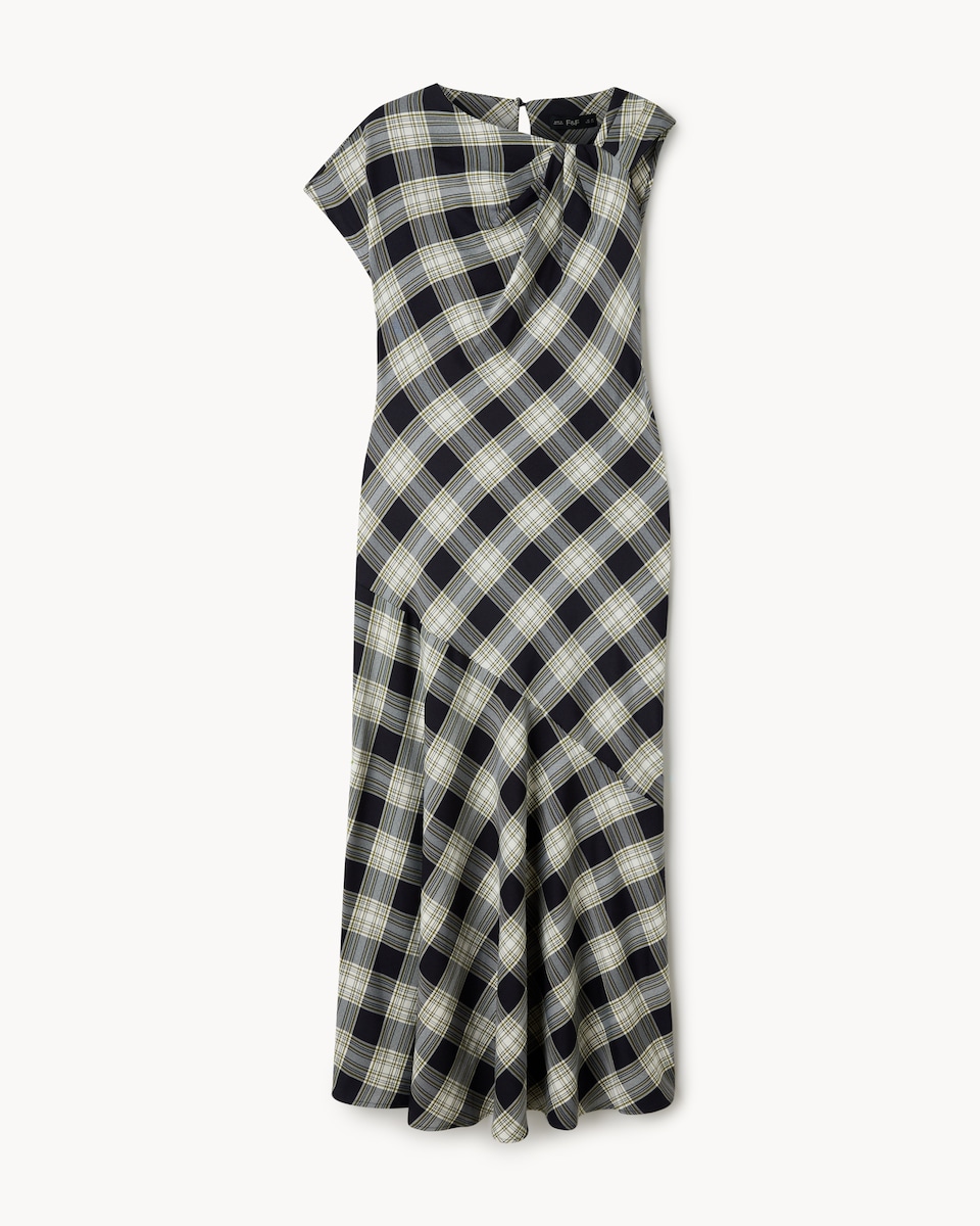 image 1 of F&F Check Twist Asymmetric Midi Dress in Multi Black White