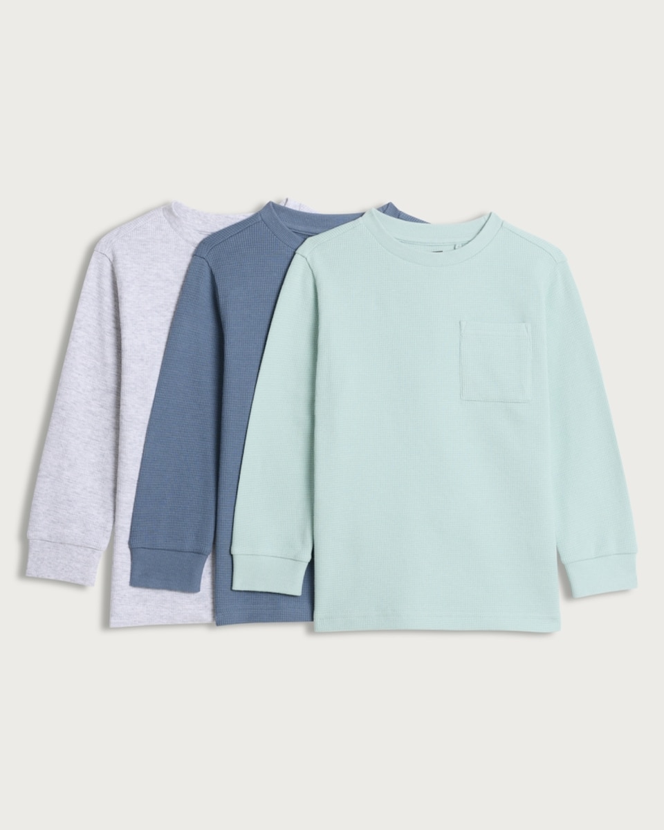 image 1 of F&F Boys 3-Pack Pure Cotton Waffle Textured Long Sleeved Tops in Blue