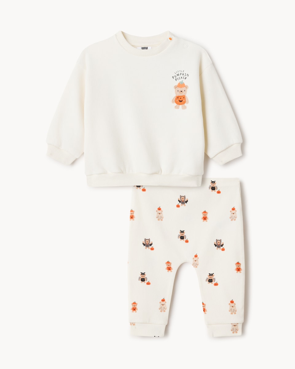 image 1 of F&F Baby Cotton Rich Bear Pumpkin Sweatshirt and Leggings Set in Ecru