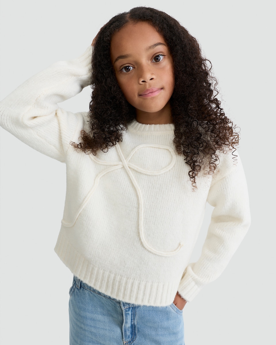 image 1 of F&F Girls Bow Detail Jumper in Cream