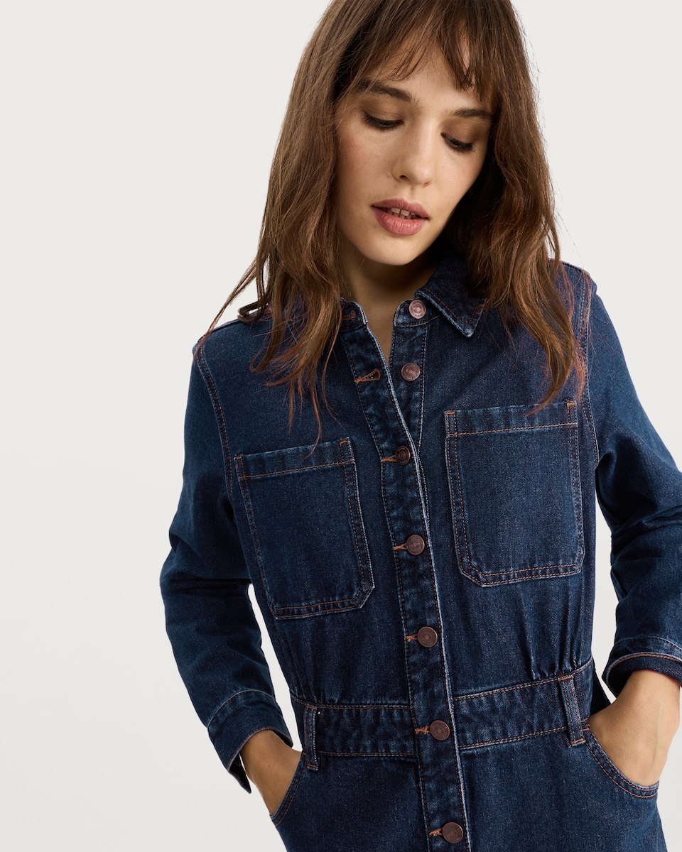 image 1 of F&F Pure Cotton Denim Button Through Midi Dress in Blue