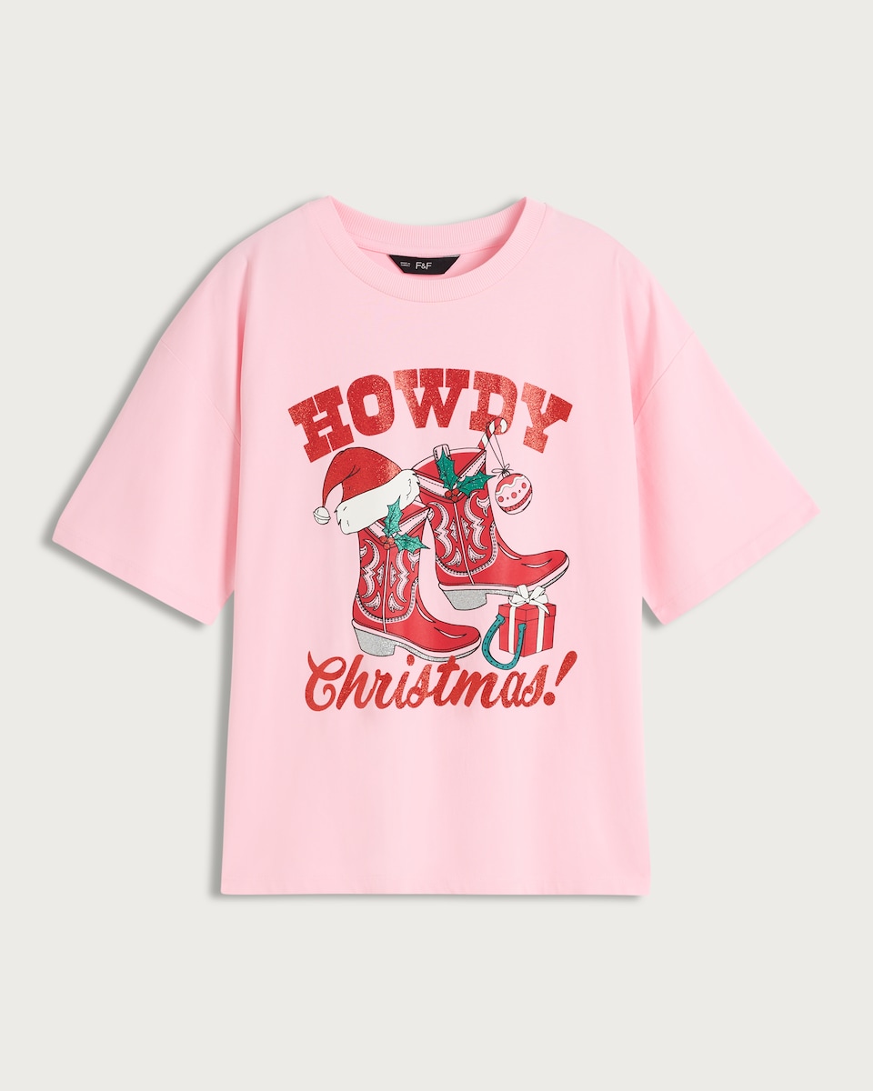 F&F Pure Cotton Howdy Christmas T-Shirt in Pink