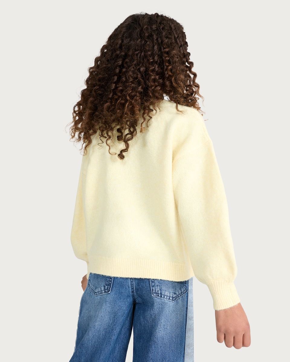 image 1 of F&F Girls Textured Bow Detail Cardigan in Yellow