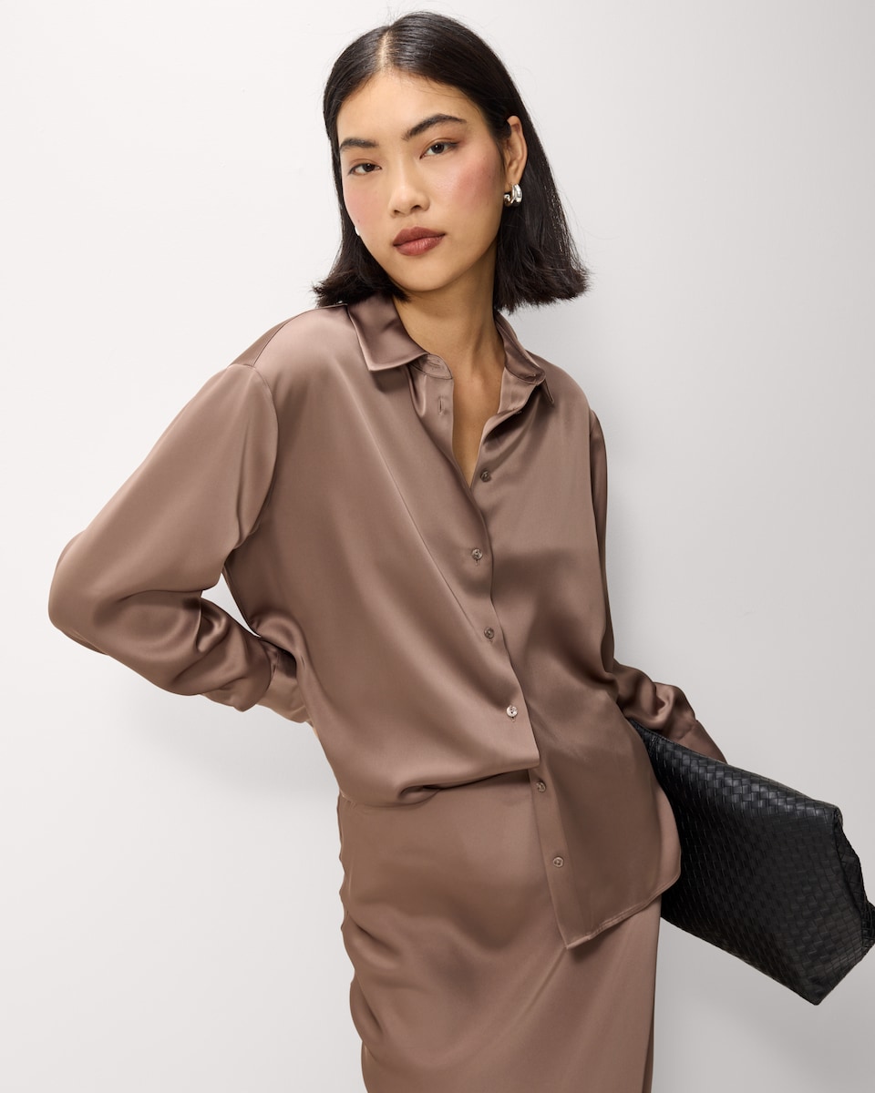 image 1 of F&F Satin Collared Oversized Co-ord Shirt in Mink