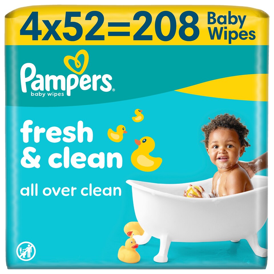 image 1 of Pampers Fresh Clean Baby Wet Wipes, 4 Packs of 52 Wipes = 208 Baby Wet Wipes