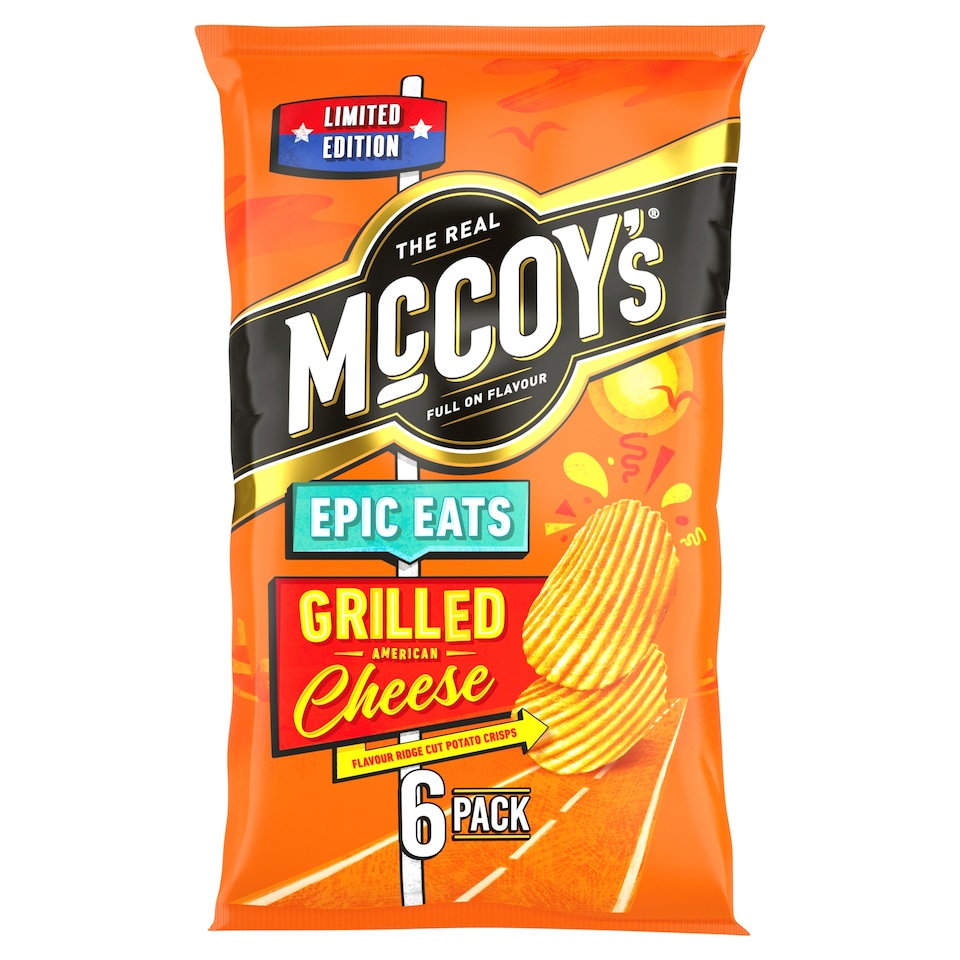 image 1 of McCoy's Epic Eats Grilled American Cheese Flavour Ridge Cut Potato Crisps 6 x 25g
