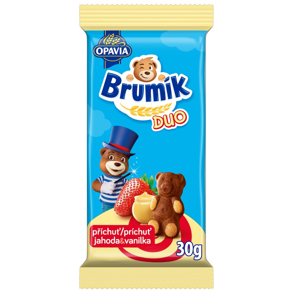 Opavia Brumík Duo jahoda a vanilková príchuť Jemné pečivo Bez konzervantov Individuálne balenie 30 g