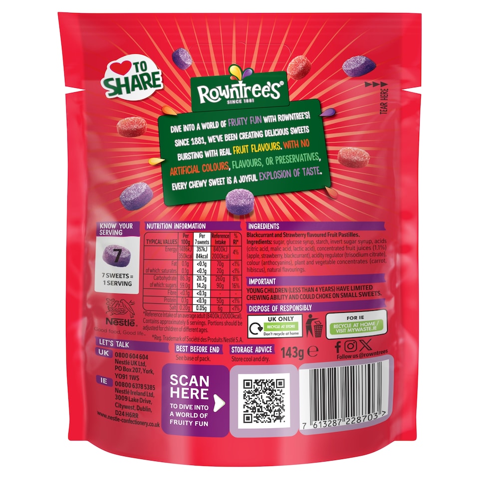 image 1 of Rowntree's Fruit Pastilles Strawberry & Blackcurrant Sweets Sharing Bag 143g
