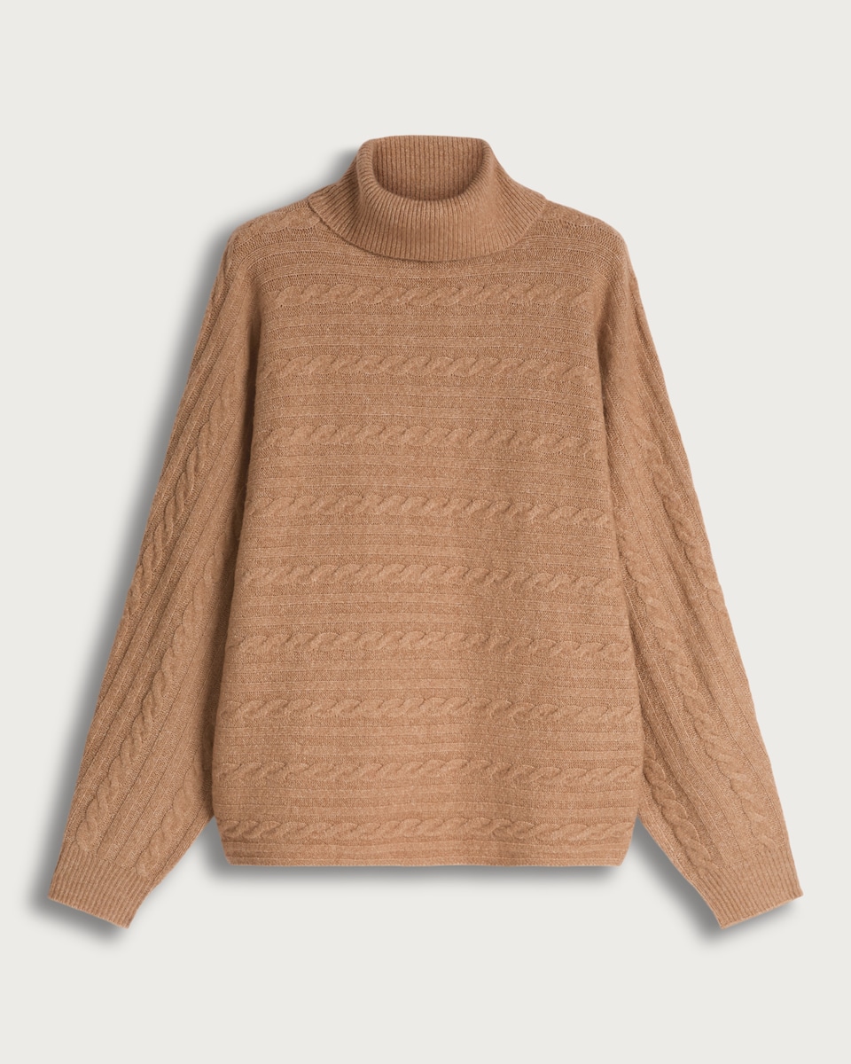 image 1 of F&F Cable Knit Roll Neck Batwing Jumper with Wool in Camel