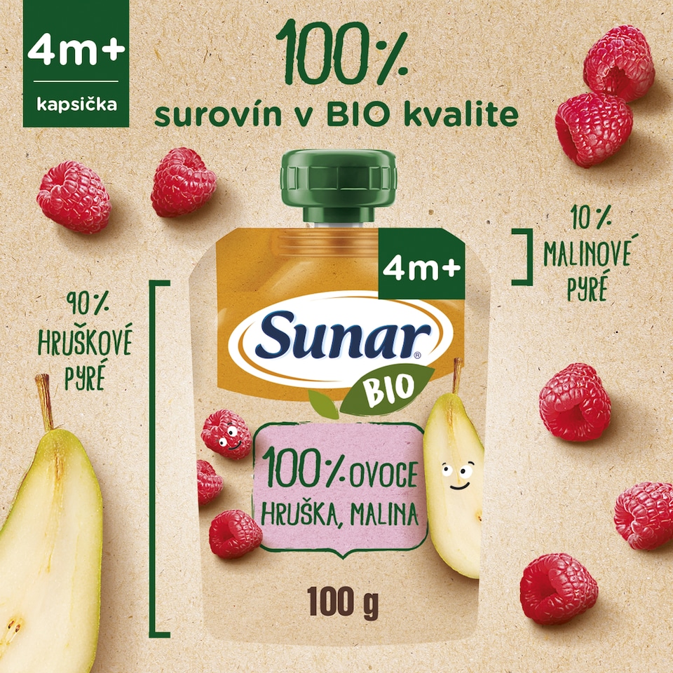 obrázok 1 z Sunar BIO ovocná kapsička hruška, malina 4m +, 100 g
