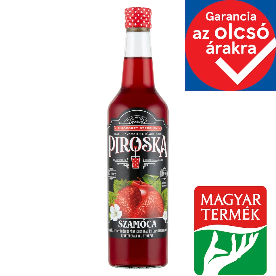 Piroska szamóca ízű gyümölcsszörp feketerépalével színezve cukorral és édesítőszerekkel 0,7 l