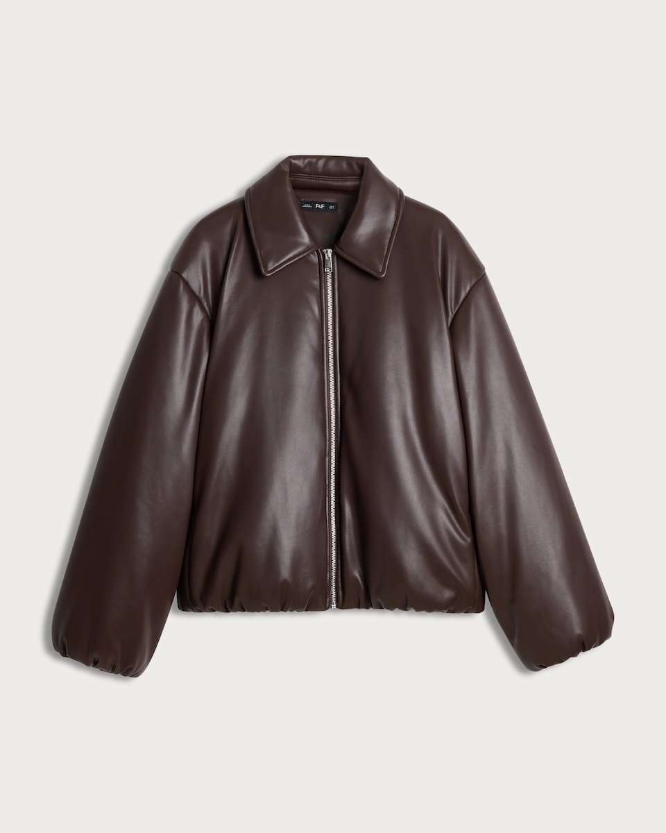 image 1 of F&F Faux Leather Bubble Hem Zip Up Jacket in Brown