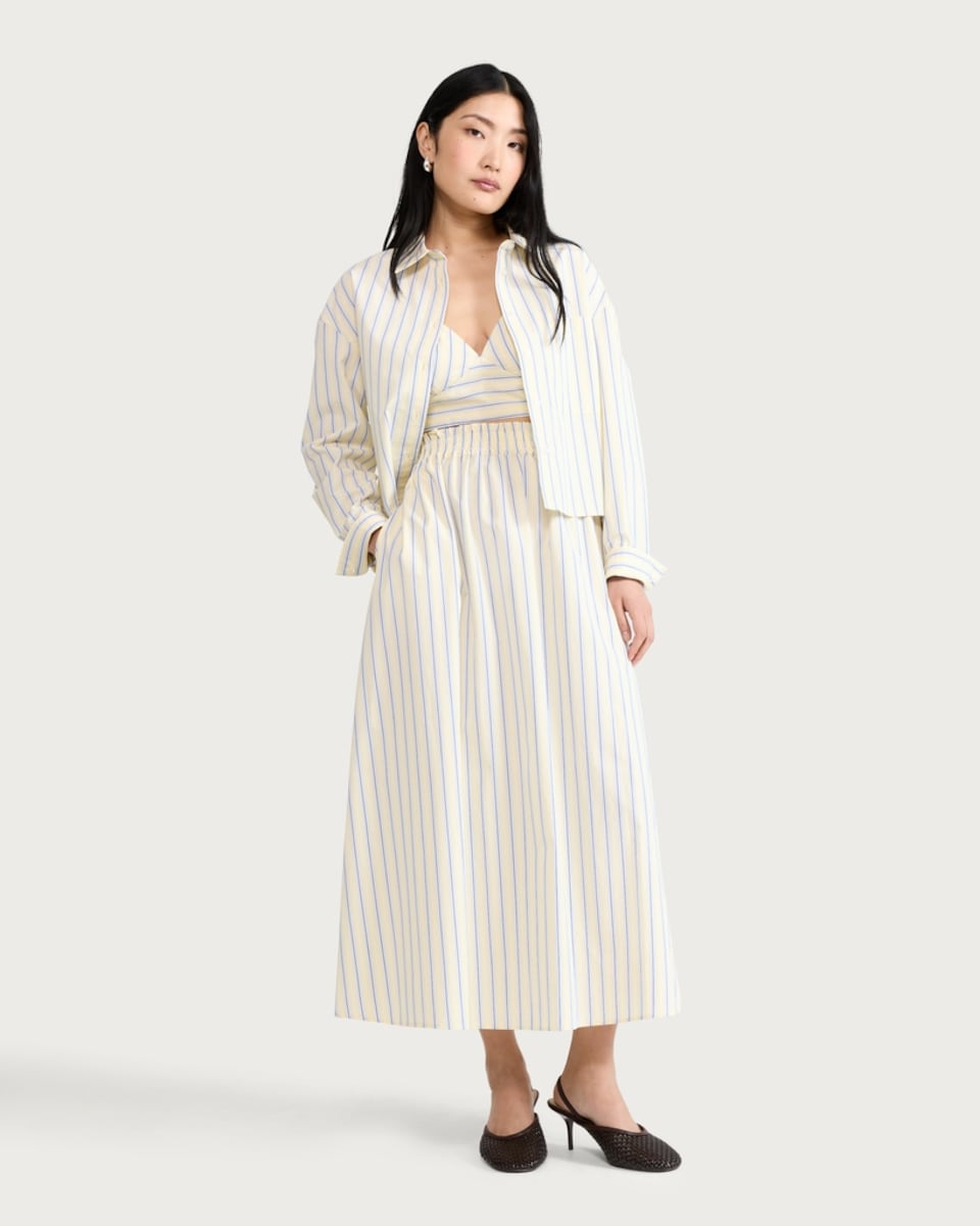 image 1 of F&F Pure Cotton Poplin Stripe Co-ord Midi Skirt in Yellow