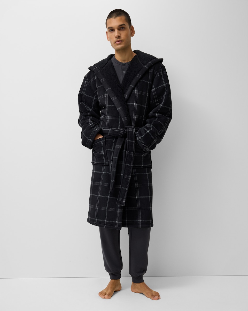 image 1 of F&F Fleece Bonded Checked Hooded Dressing Gown in Multi Black White