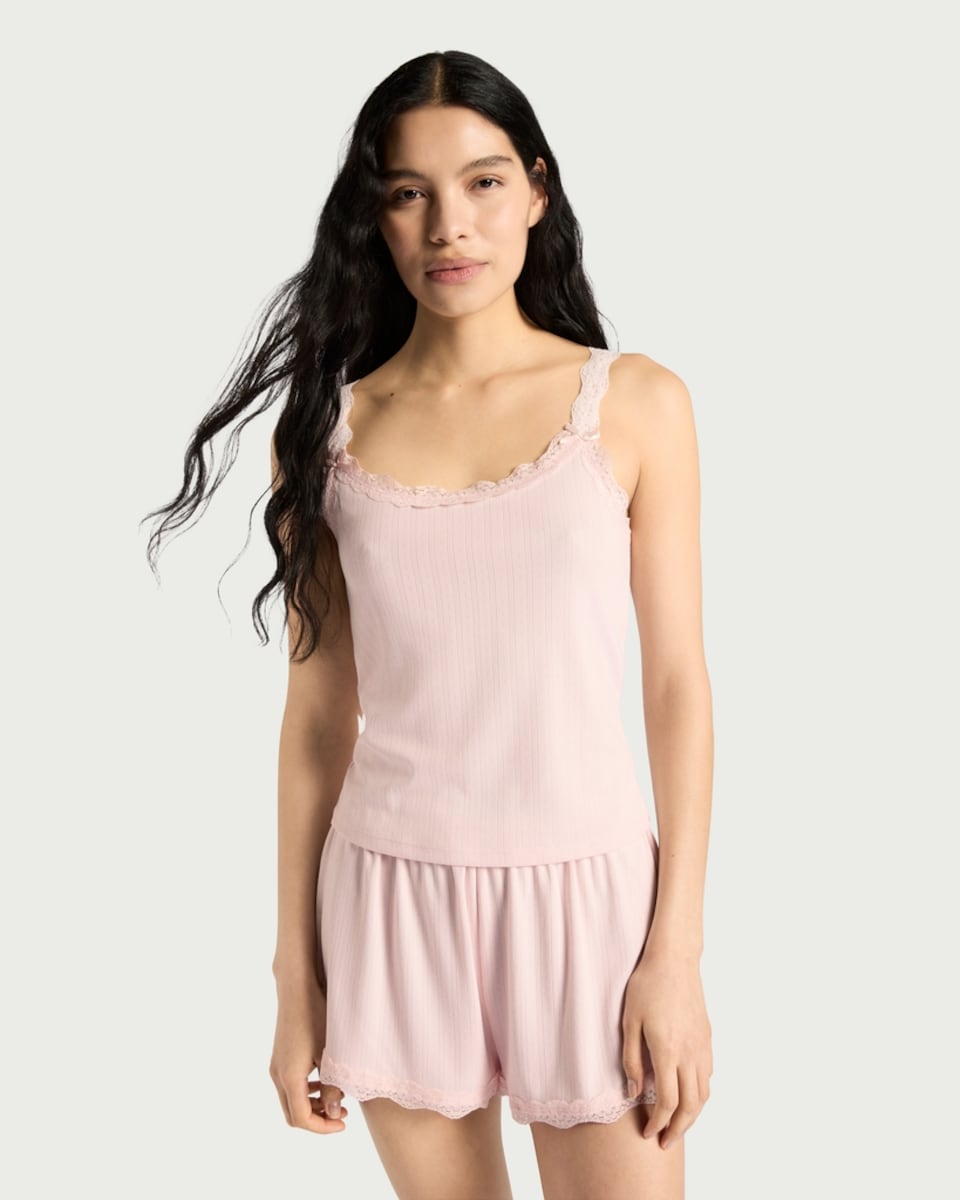 image 1 of F&F Pointelle Lace Trim Pyjama Set in Pink