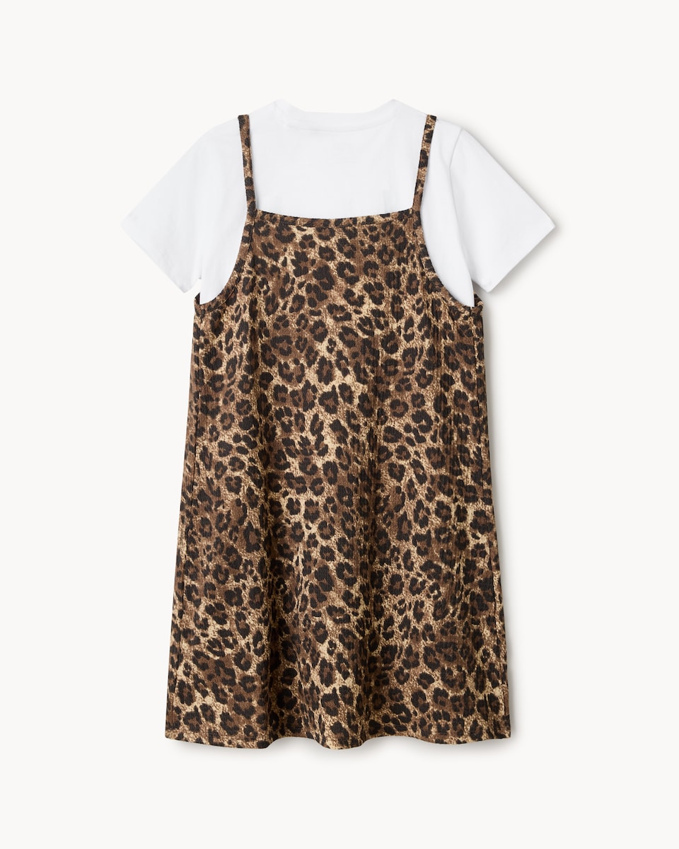 image 1 of F&F Girls 2-Piece Leopard Print Dress and T-Shirt Set in Multi Brown