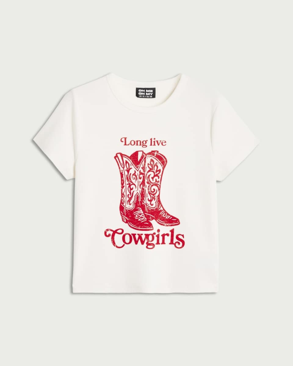 image 1 of OH ME OH MY Cotton Rich Long Live Cowgirls Slogan T-Shirt in Cream
