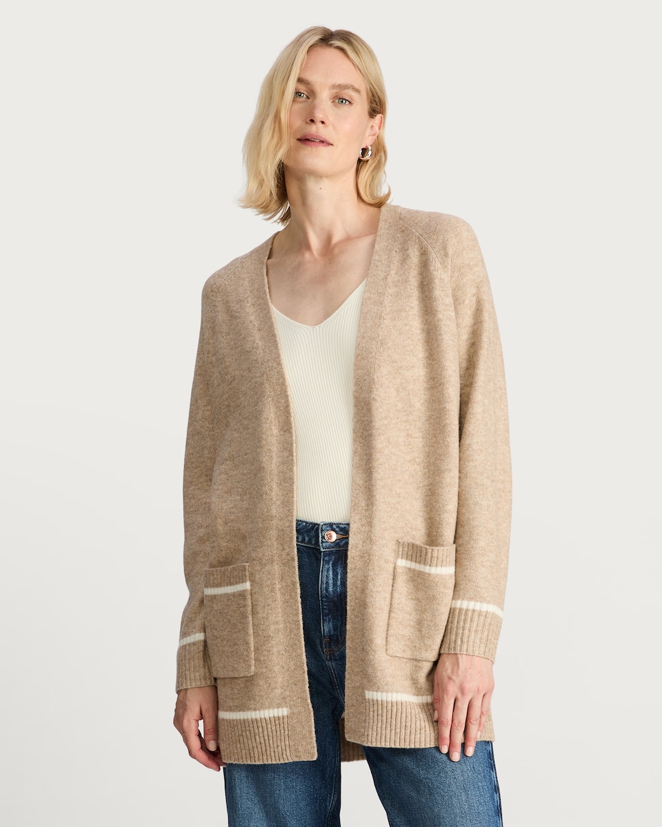 image 1 of F&F Patch Pocket Open Front Cardigan with Wool in Mink