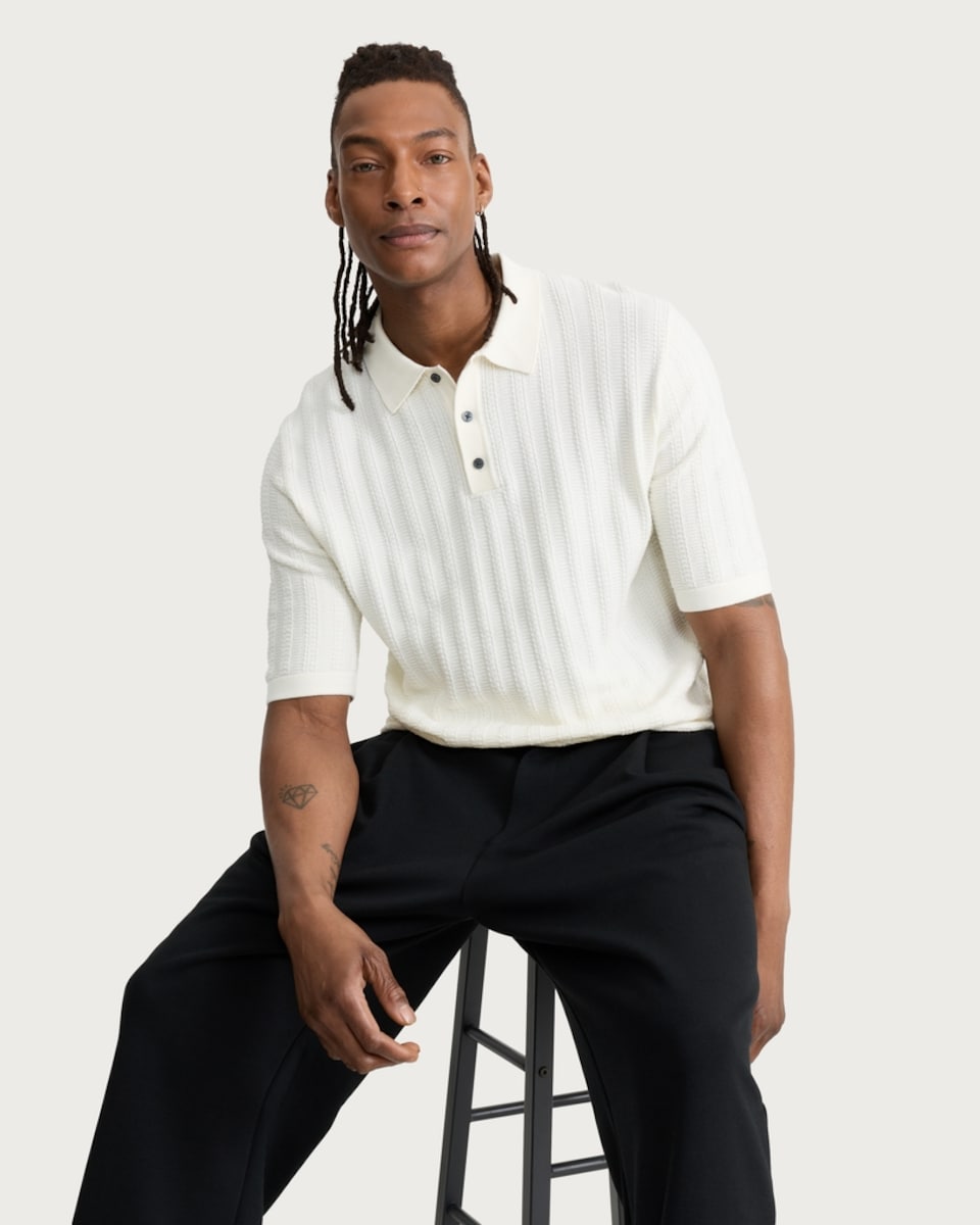image 1 of F&F Cotton Rich Knitted Short Sleeved Polo Shirt in Ecru