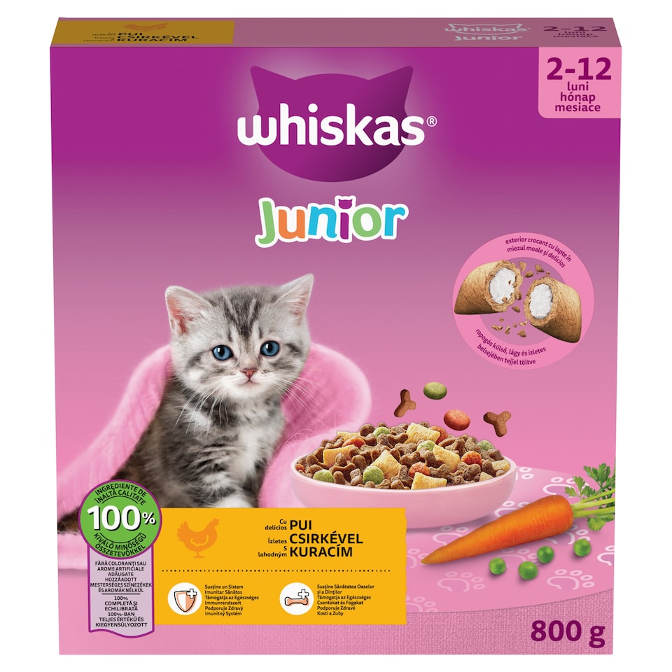 Whiskas Junior teljes értékű szárazeledel kölyökmacskáknak ízletes csirkével 800 g