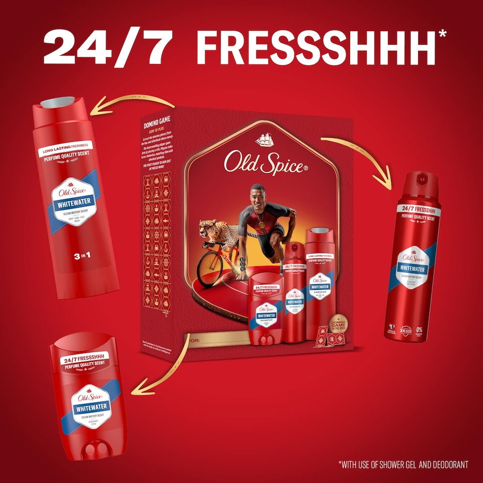 Obrázek 1 pro produkt Old Spice Ironman Sada S Tuhým Deodorantem, Sprejem A Sprchovým Gelem Whitewater