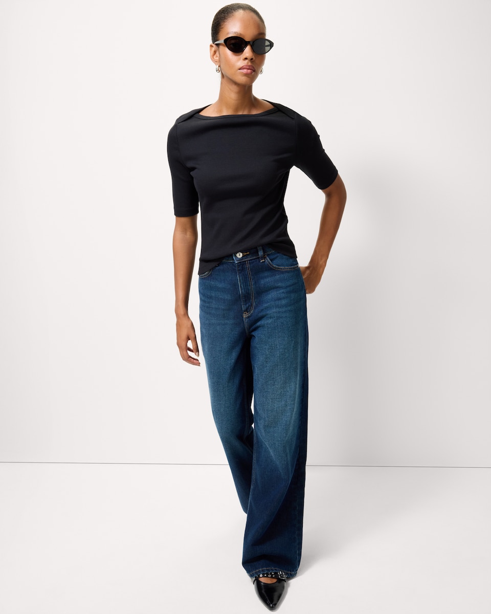 image 1 of F&F Cotton Rich Boat Neck Top in Black
