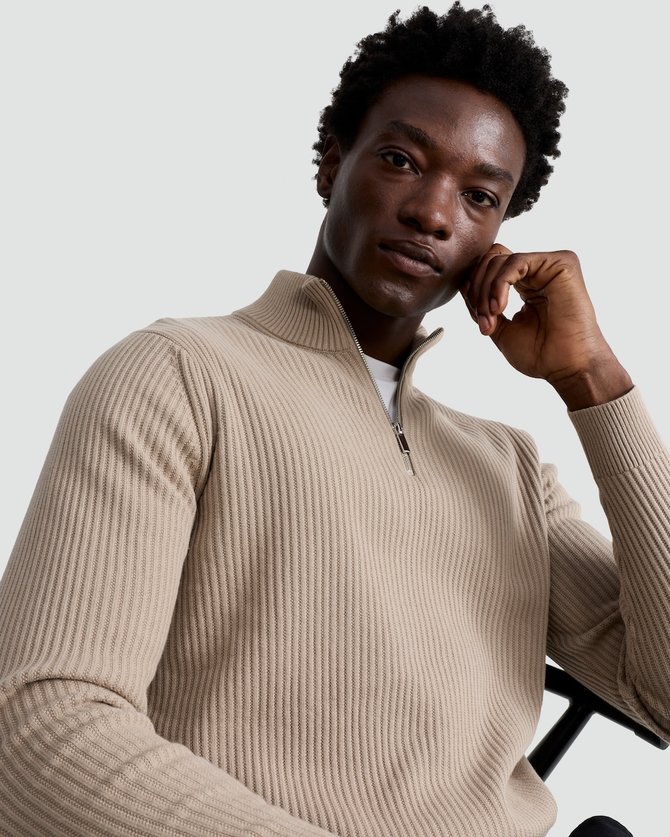 image 1 of F&F Pure Cotton Ribbed Half Zip Jumper in Cream