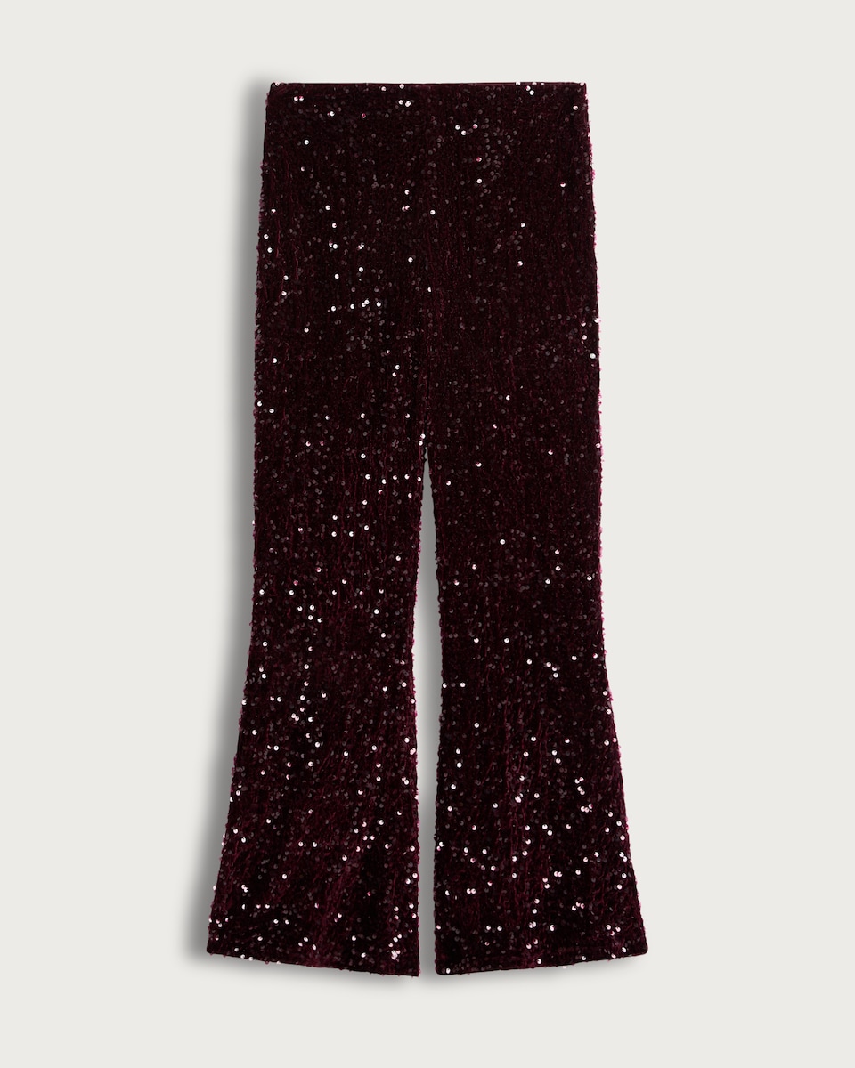 image 1 of F&F Velvet Sequin Flared Trousers in Burgundy