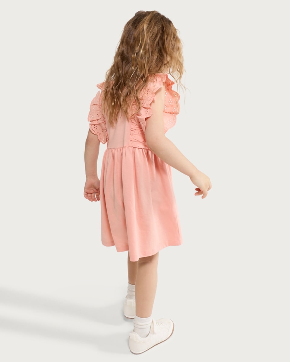 image 1 of F&F Girls Pure Cotton Broderie Frill Dress in Coral