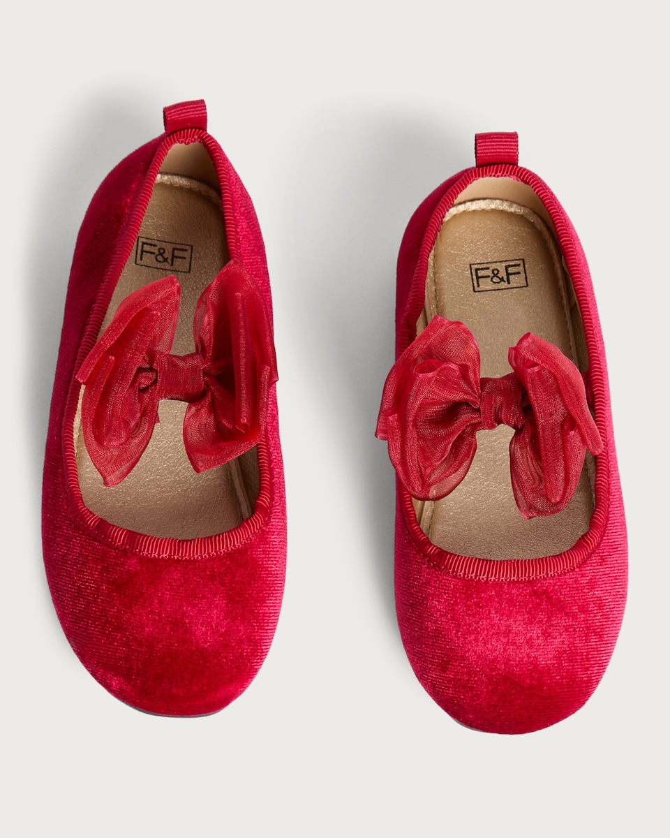 image 1 of F&F Girls Velvet Bow Detail Ballet Shoes in Red