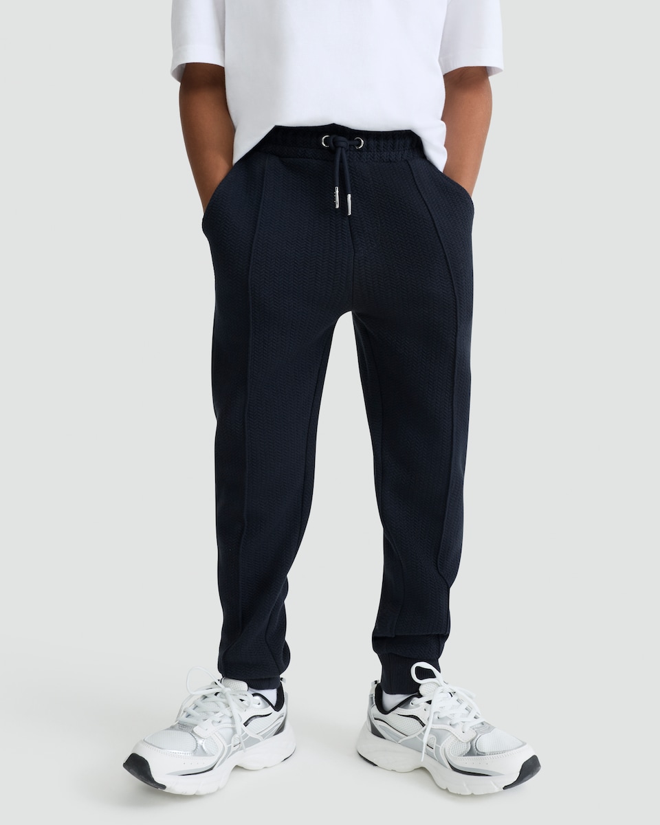 image 1 of F&F Boys Cotton Blend Seam Detail Cuffed Drawstring Joggers in Navy