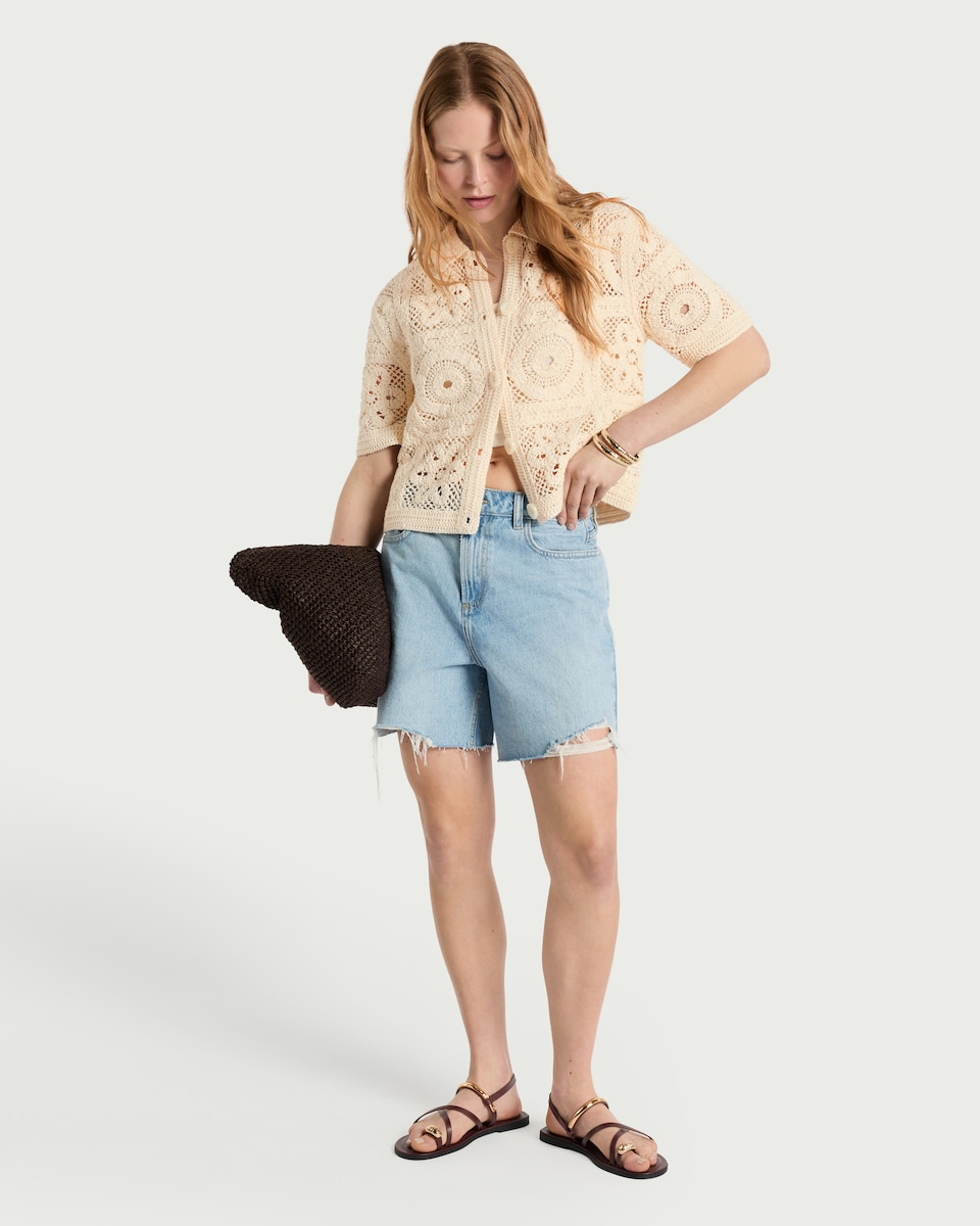 image 1 of F&F Cotton Rich Open Knit Cardigan in Neutral