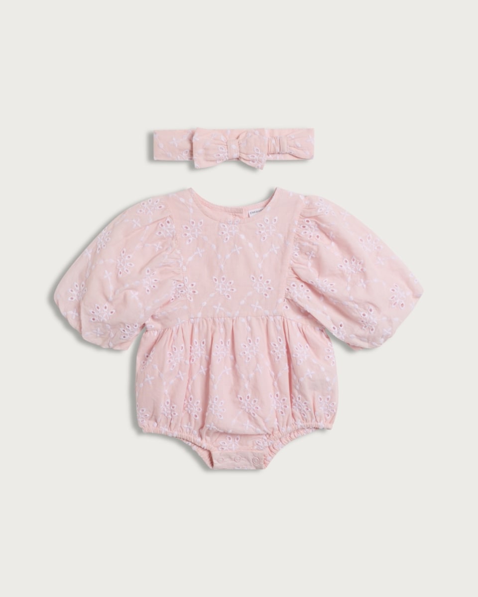 F&F Baby 2-Piece Pure Cotton Broderie Romper and Headband Set in Pink
