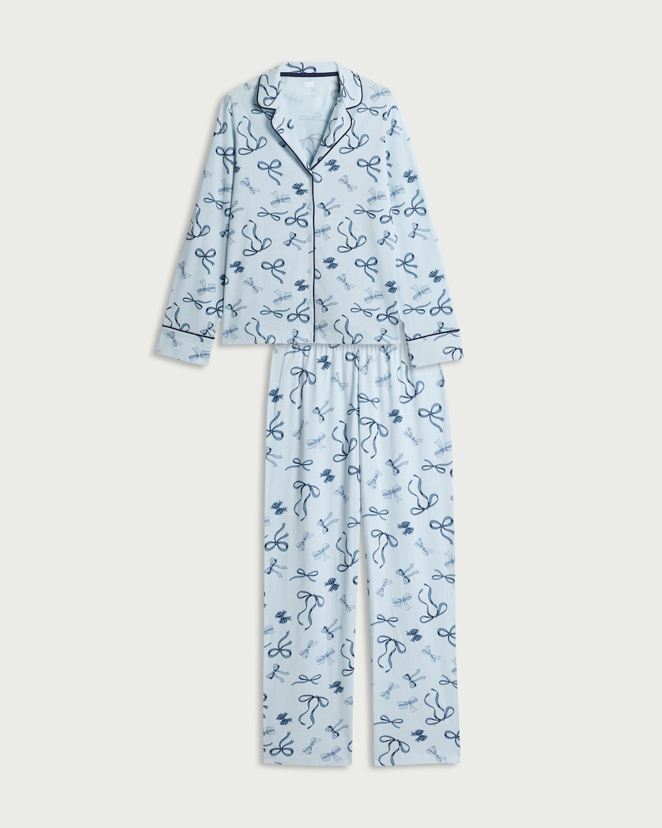 image 1 of F&F Pure Cotton Bow Pyjama Set in Multi Blue