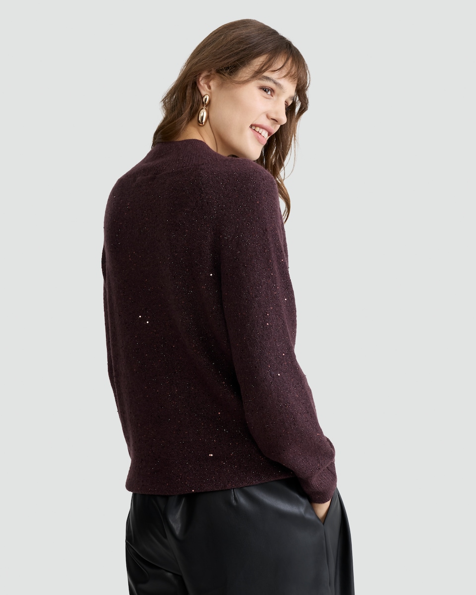 image 1 of F&F Knitted Sequin V Neck Jumper in Burgundy