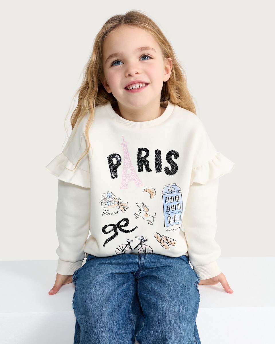 image 1 of F&F Girls Cotton Rich Paris Print Ruffle Sweatshirt in Cream