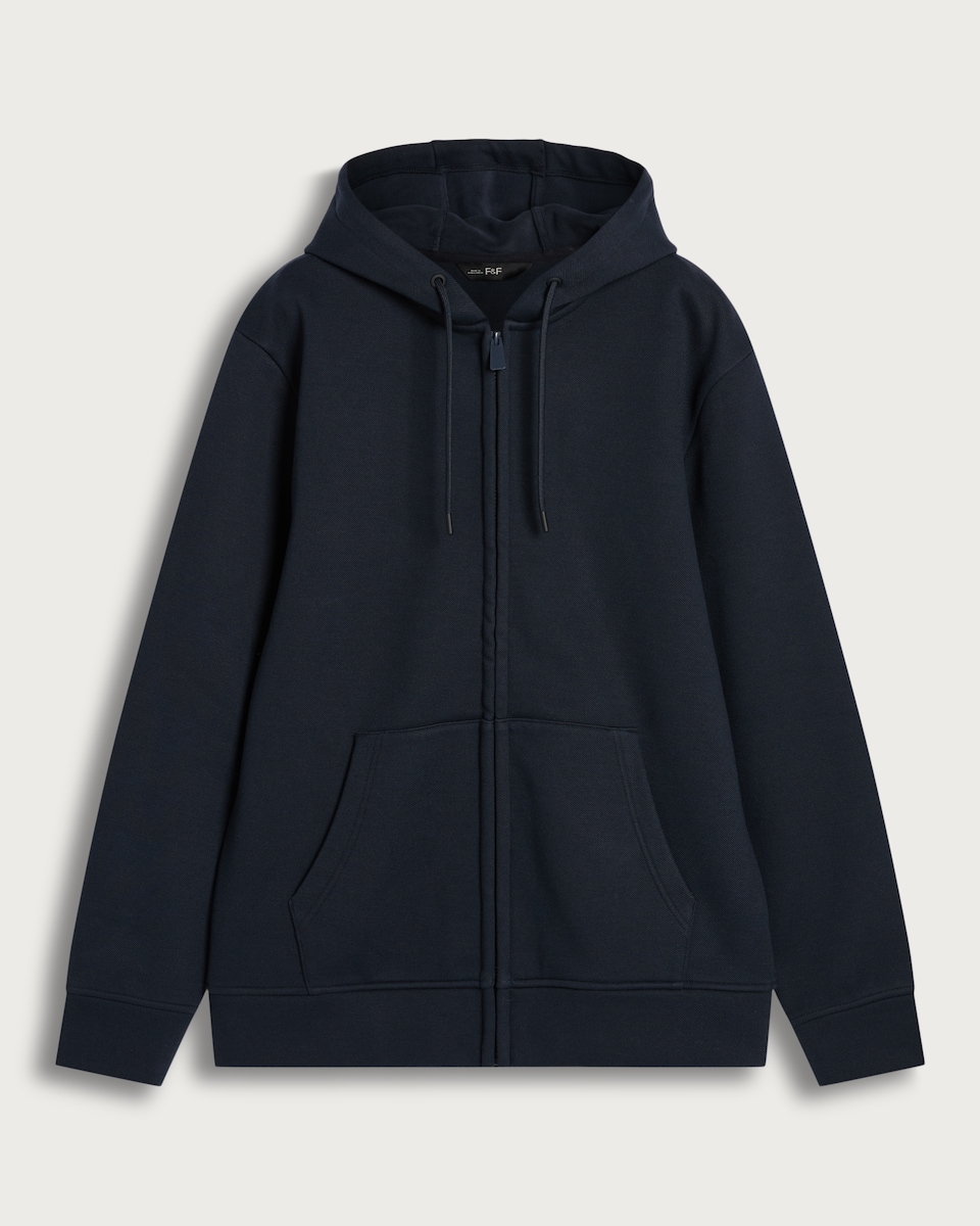image 1 of F&F Textured Zip Through Drawstring Hoodie with Cotton in Navy