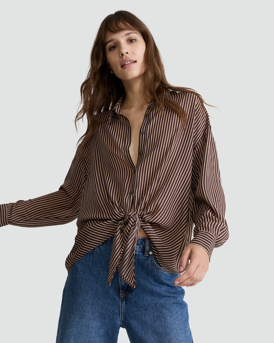image 1 of F&F Stripe Print Tie Front Shirt in Multi Black