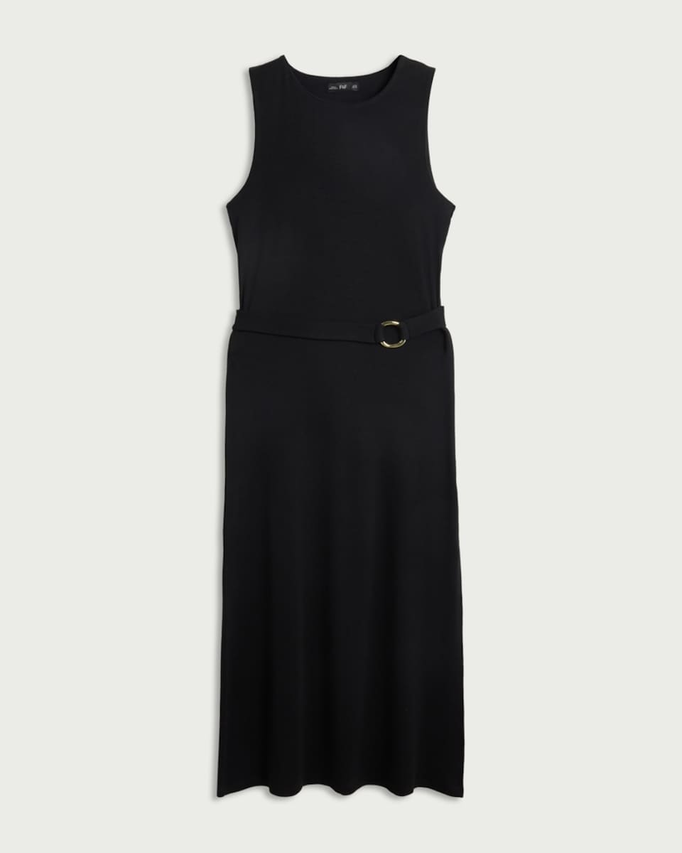 image 1 of F&F Cotton Blend Belted Sleeveless Dress in Black