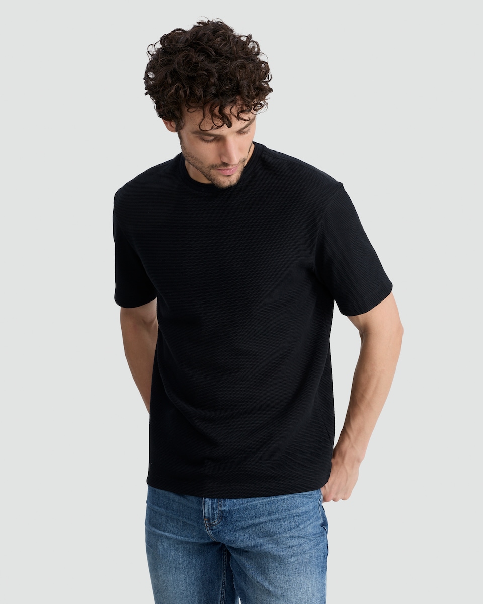 image 1 of F&F Cotton Rich Waffle Textured T-Shirt in Black