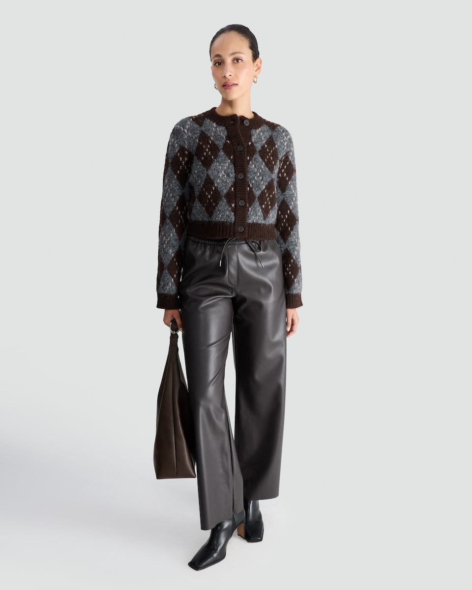 image 1 of F&F Textured Argyle Button Front Cardigan with Wool in Chocolate