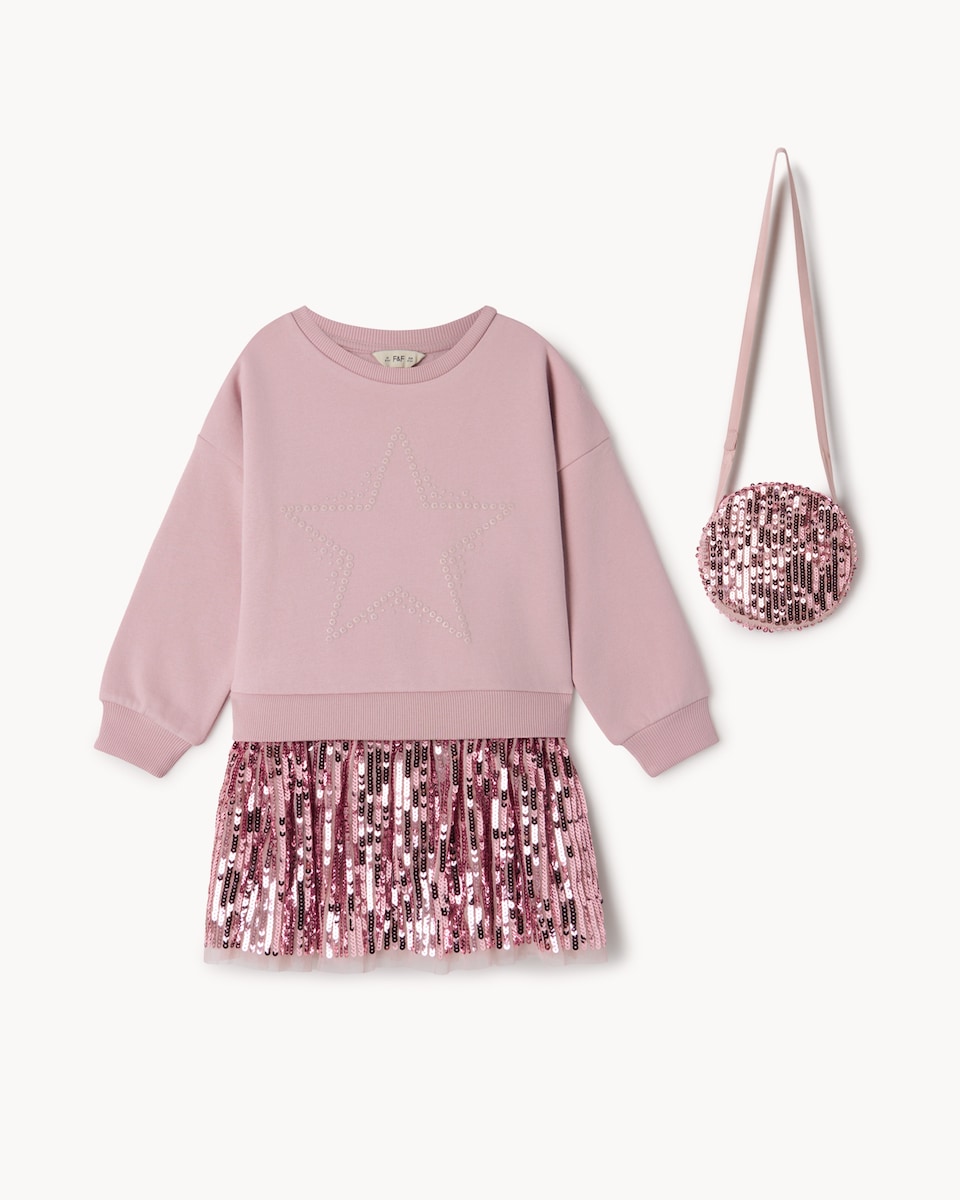 image 1 of F&F Girls Sequin Star Dress with Bag in Hot Pink