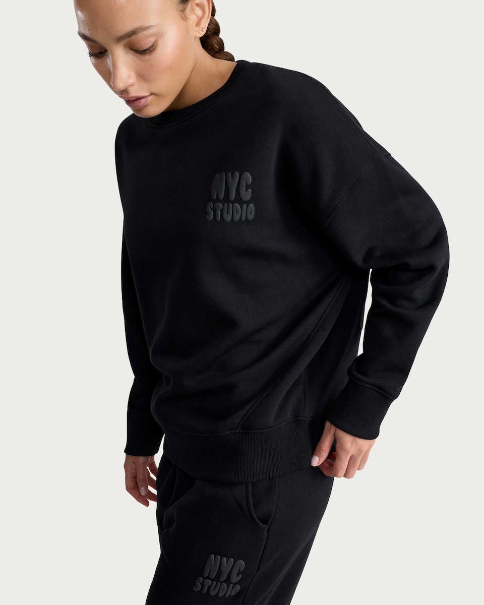 image 1 of F&F Active Cotton Rich NYC Studio Slogan Sweatshirt in Purple