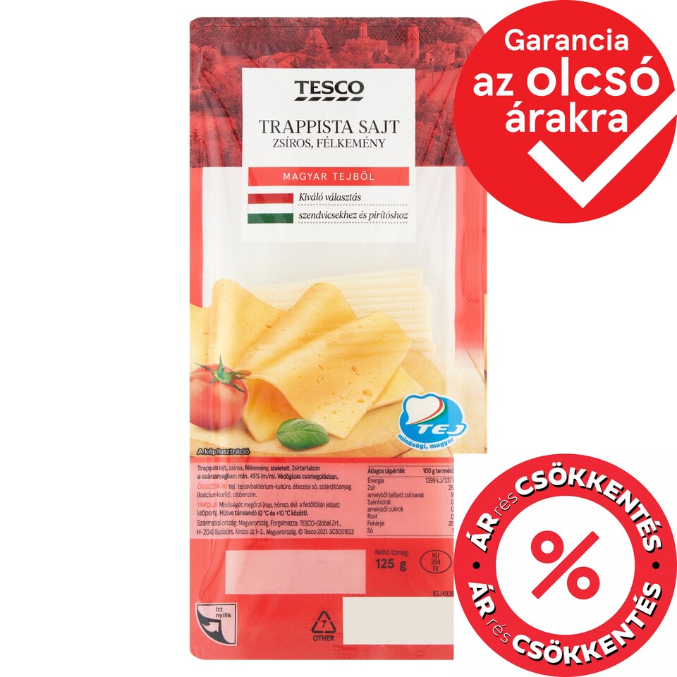 Tesco szeletelt, zsíros, félkemény trappista sajt 125 g