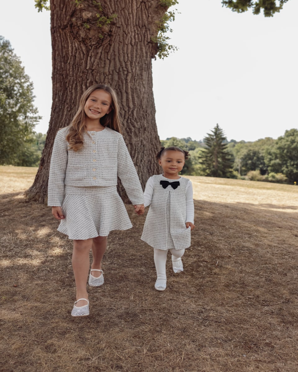 image 1 of F&F x Samantha Faiers 2-Piece Tweed Jacket and Skirt Set in Cream