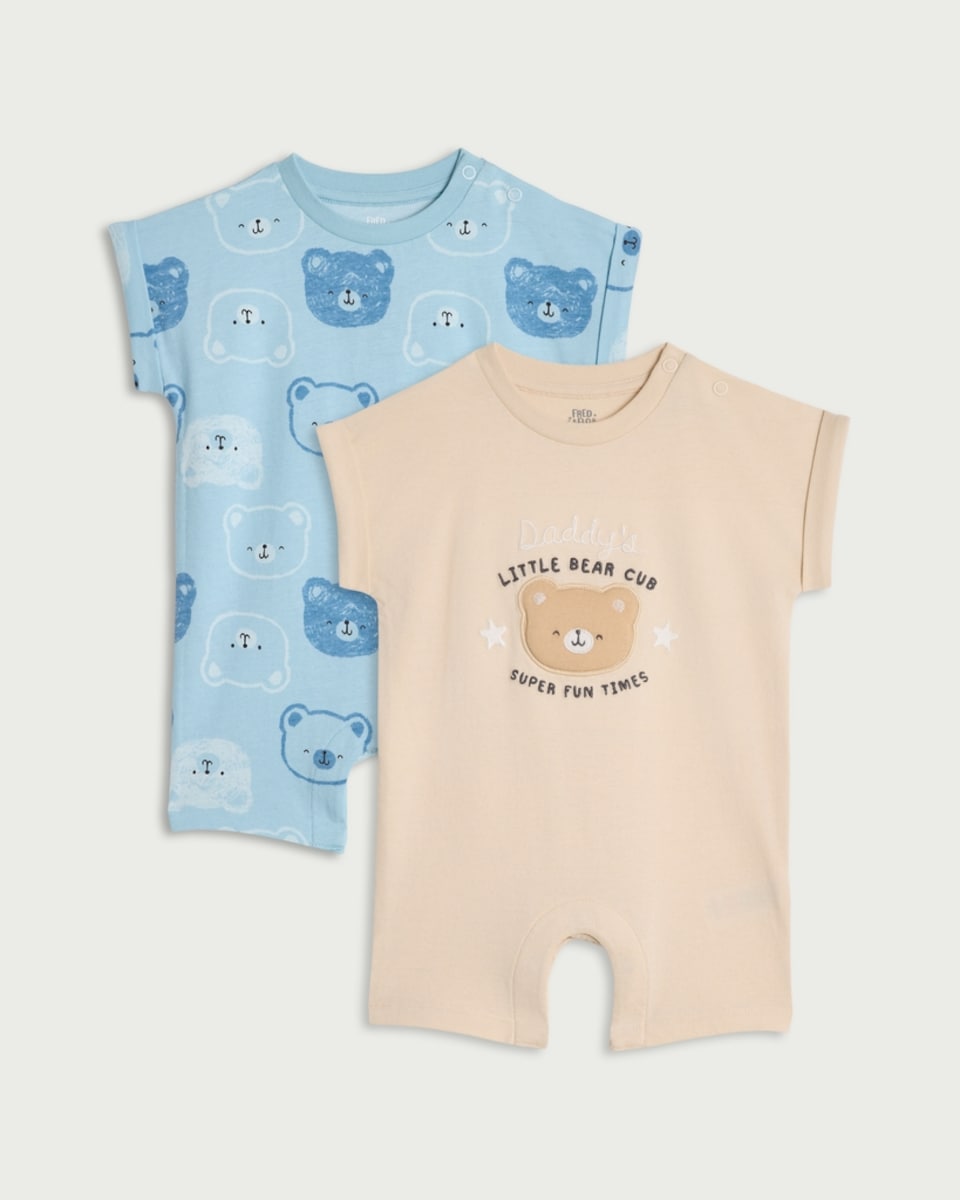 image 1 of F&F Baby 2-Pack Pure Cotton Bear Print Short Sleeved Rompers in Blue
