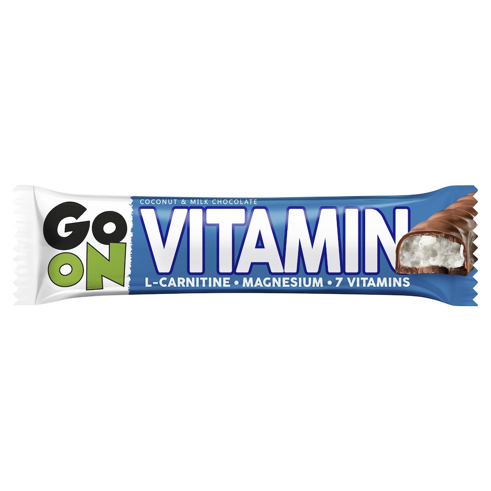 GO ON kókusz ízű tejcsokoládés szelet hozzáadott L-karnitinnal, magnéziummal és vitaminokkal 45 g